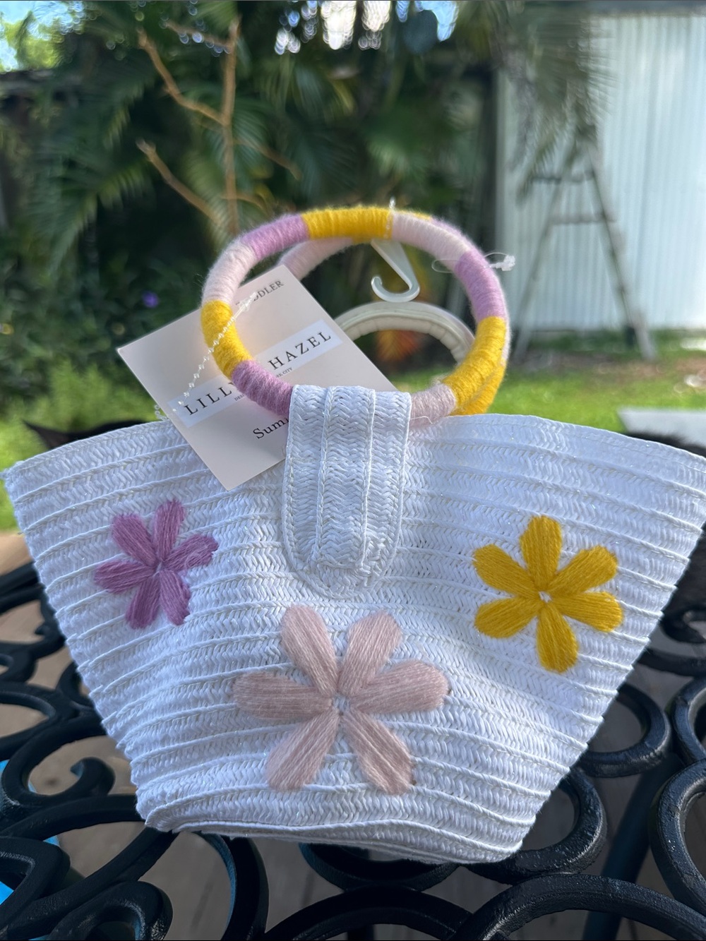 Lilly + Hazel White Straw Tote with Pink, Yellow & Lilac Flowers